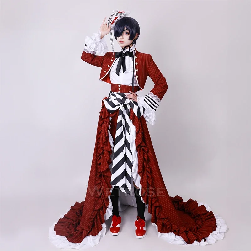 Ciel Black Tea Cup Cosplay Costume Butler Victorian-style Gown Red Gothic Lolita Long Dress Set Wig Halloween Xmas