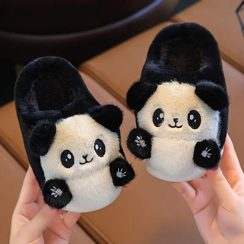 A pair of cute cartoon panda 2025 children's winter new plush slippers, casual, comfortable, non slip, soft bottom home slippers
