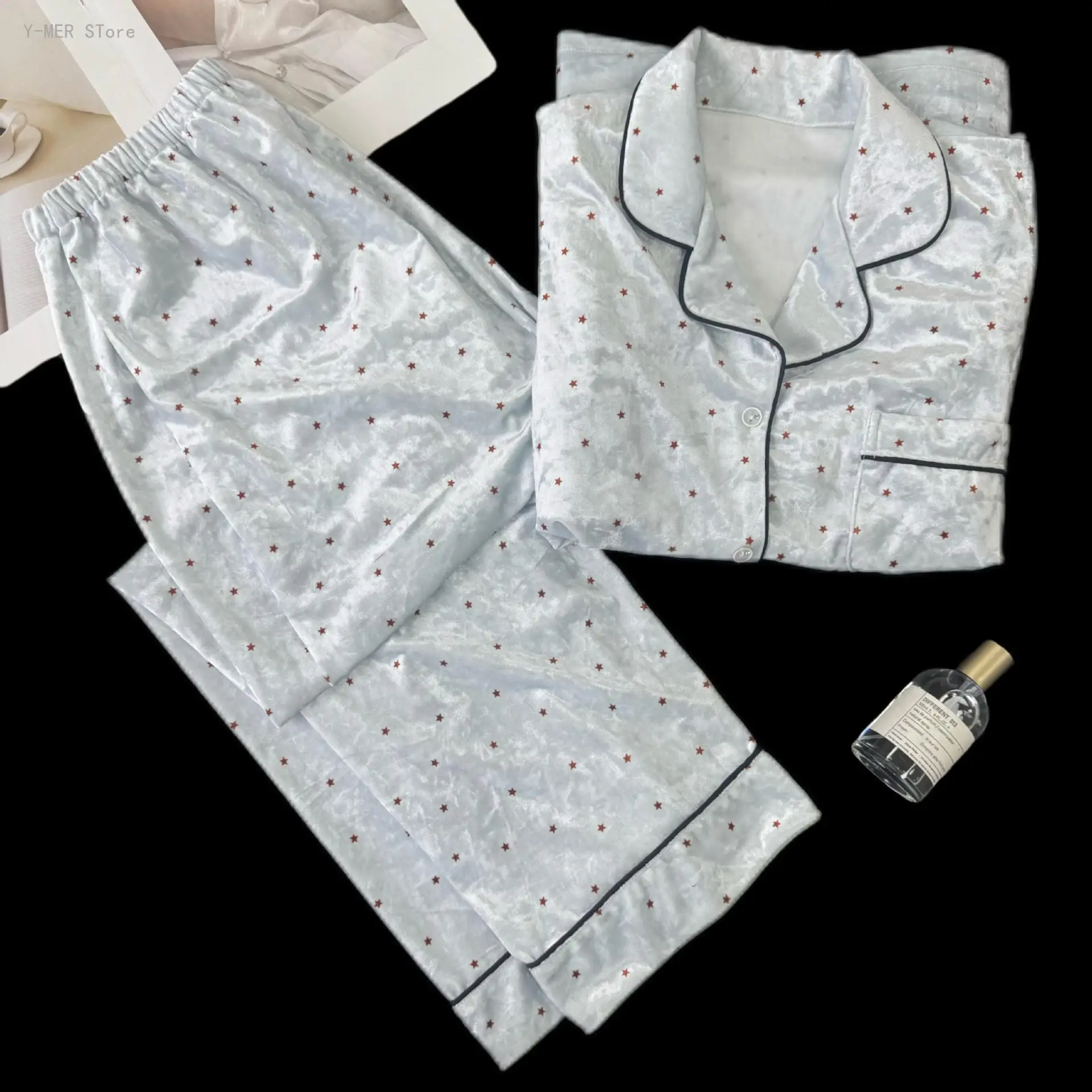 Ladies Light Luxury Polka Dot Golden Diamond Velvet Homewear Spring Autumn Lapel Contrast Edge Long Pants Lazy Pajamas Set