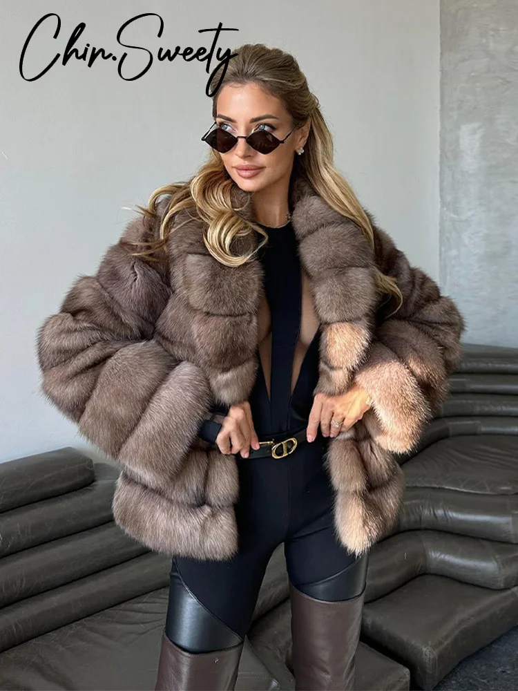 Luksusowy płaszcz ze sztucznego futra damski brązowy gruby długi rękaw kołnierz wykładany luźna kurtka damska 2025 zimowy elegancki ciepły płaszcz wierzchni