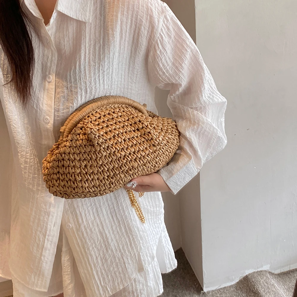 Bolso tejido de paja para mujer, bolso de mano de paja con correa de cadena, bolso cruzado elegante de gran capacidad, Color sólido para playa de verano