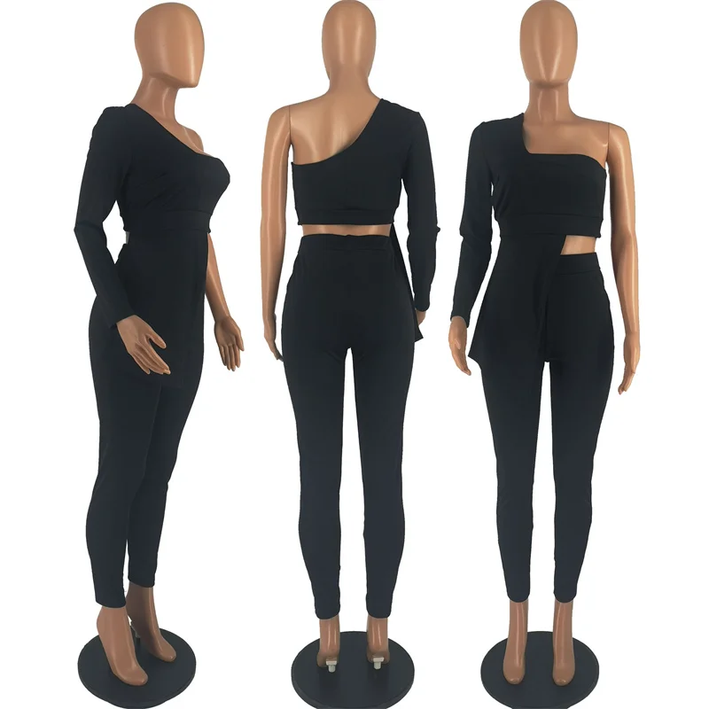 Sexy One Shoulder Party Two Piece Set Women Outfits Long Sleeve Skew Collar Irregular Top+Skinny Pencil Pants Sets Matching Sets