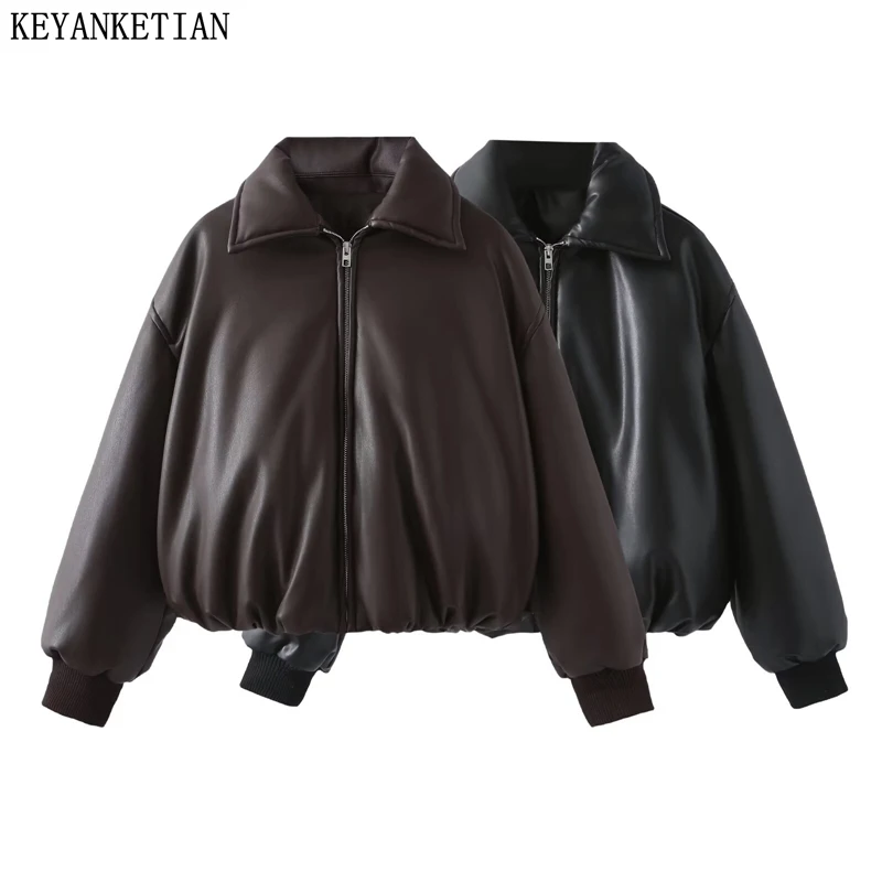 

KEYANKETIAN Winter New Women's Collar, Placket, Zipper, Warm And Thick Imitation Leather Cotton Jacket, Women Cotton Jacket