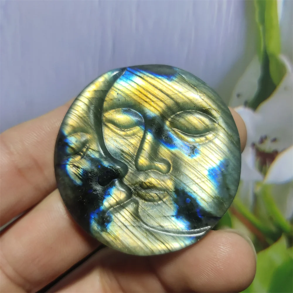 Labradorite Carving Sun Moon Face Hand-Carved Crafts Natural Crystals Quartz Healing Reiki Home Decoration