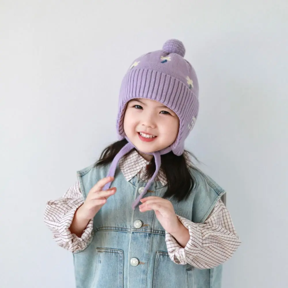 Fleece Lining Winter Baby Crochet Hat Windproof Lace-up Toddler's Knitted Cap Breathable Thermal Ear Protection Hat