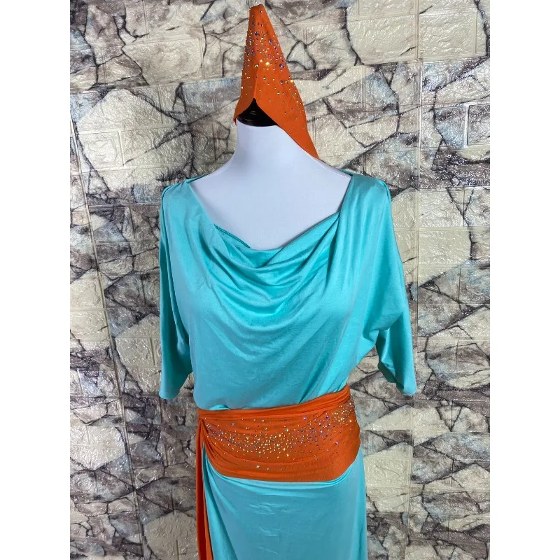 Costumi di danza del ventre personalizzati Colletto in pile blu puro Abito ampio Foulard Cintura Danza orientale Baladi Shabbi Folk Robe Abbigliamento