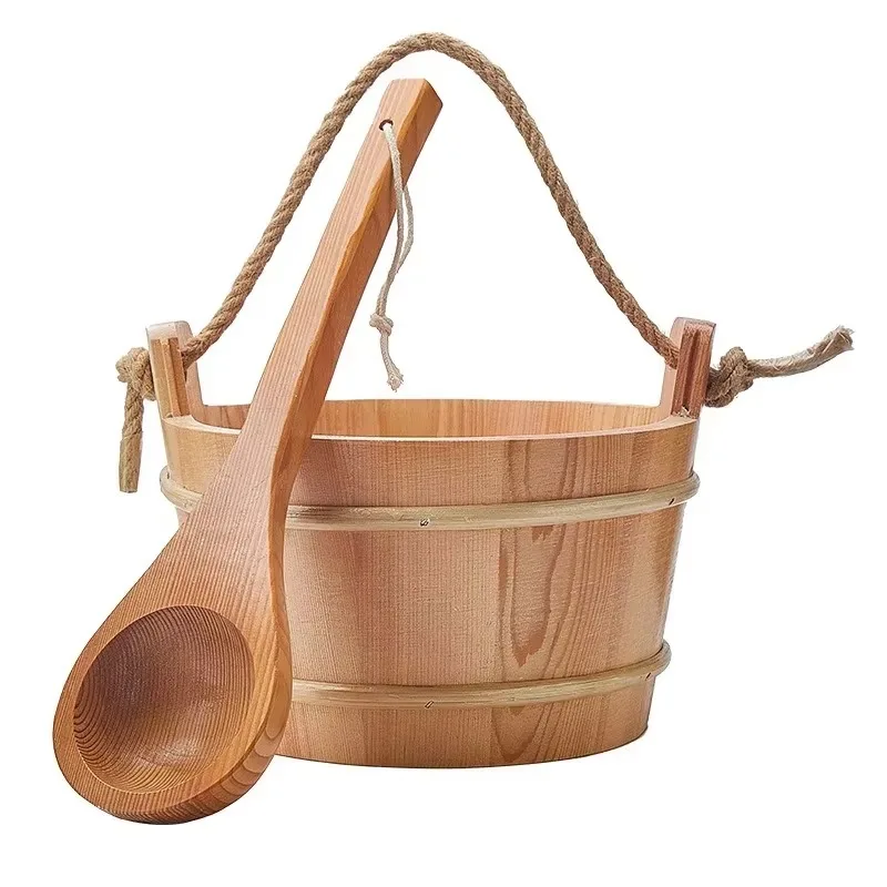 4L Wooden Bottom Sauna Bucket Matching Wooden Spoon Complete Sauna Accessory Set for Dry Steam Room