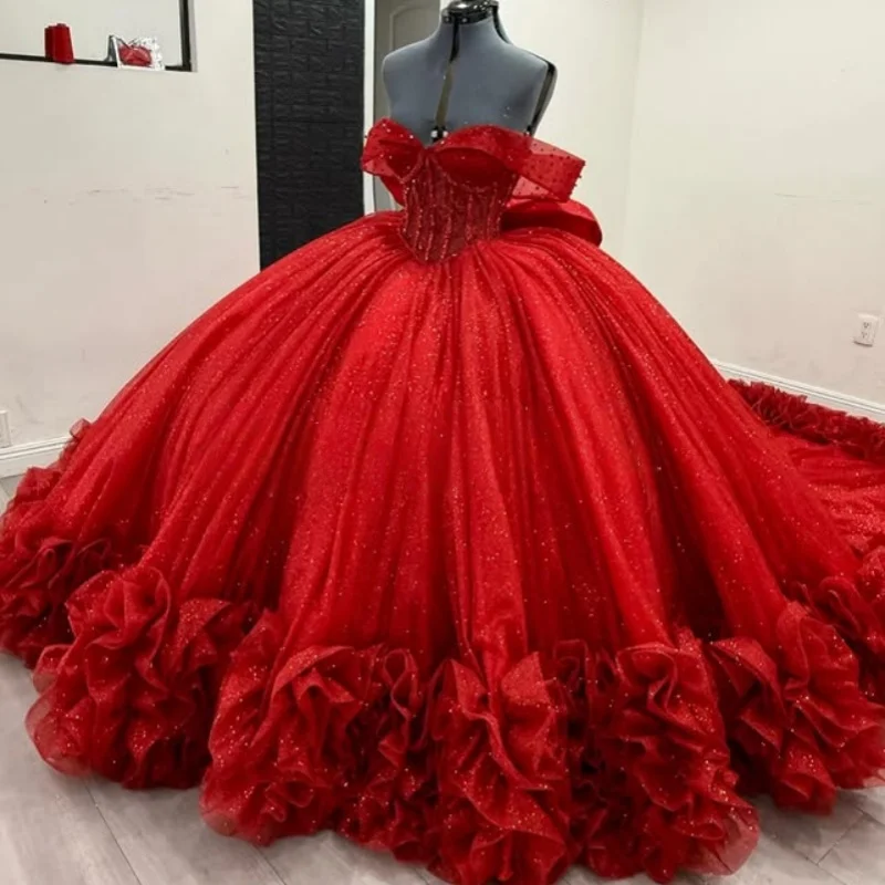 

Shiny Red Quinceanera Dress Crystal Glitter Decal Lace layered ruffles Long tail Bow Vestidos De 15 Quinceanera ﻿Customize