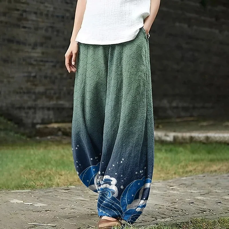 Women's Japanese Art Pocket Loose Casual Pants Harajuku Sakura Baggy Lantern Trousers Elegent Boho Trouser Floral Wide Leg Pants