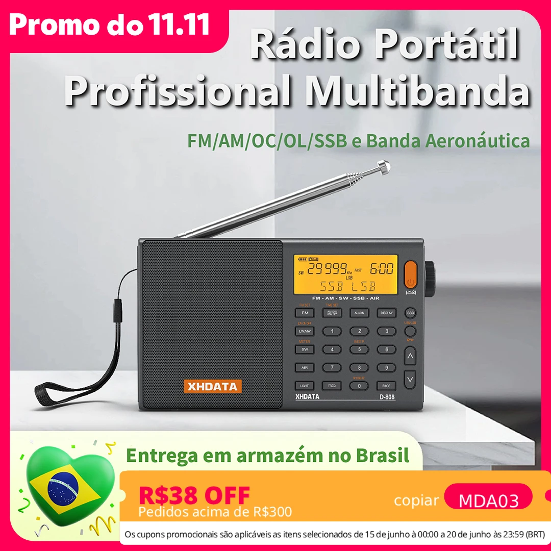 Rádio Portátil XHDATA D808 D 808 Multibanda Completo AM FM SW MW LW SSB Banda Lateral Única AIR Banda Aeronáutica RDS Envio Direto do Brasil Estoque BR Com Alarme Relógio Despertador e Alto Falante Estéreo
