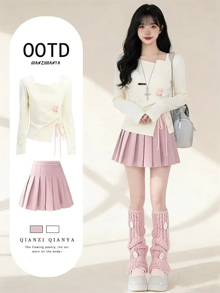 

Spring New Sweet Sle Square Collar Dstring Design Knitted Sweater High Waist Pleated Skirt Two Piece Set Women's Faion