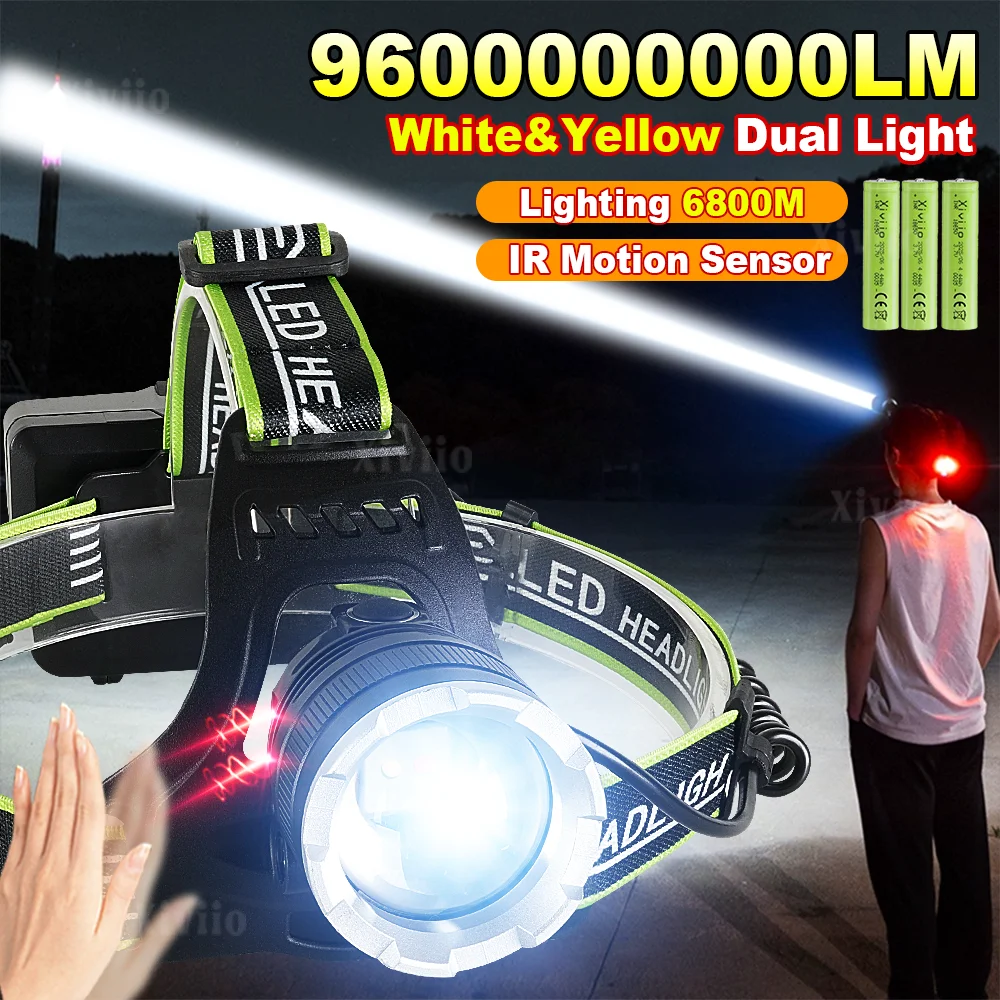 

Сверхъяркая налобная фара 9600000LM с двойным бело-желтым светом, улучшенная, дальнобойная, мощная, с ИК-датчиком, для кемпинга и экстренных ситуаций,Длинные фары для рыбалки и приключений, сверхсветовые фары