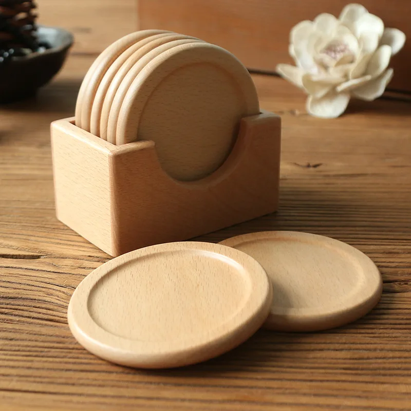 6 Pieces Wooden Coasters Set Black Walnut Solid Wood Round Table Mat Heat Insulation Pad Box Bottom Holder Placemat