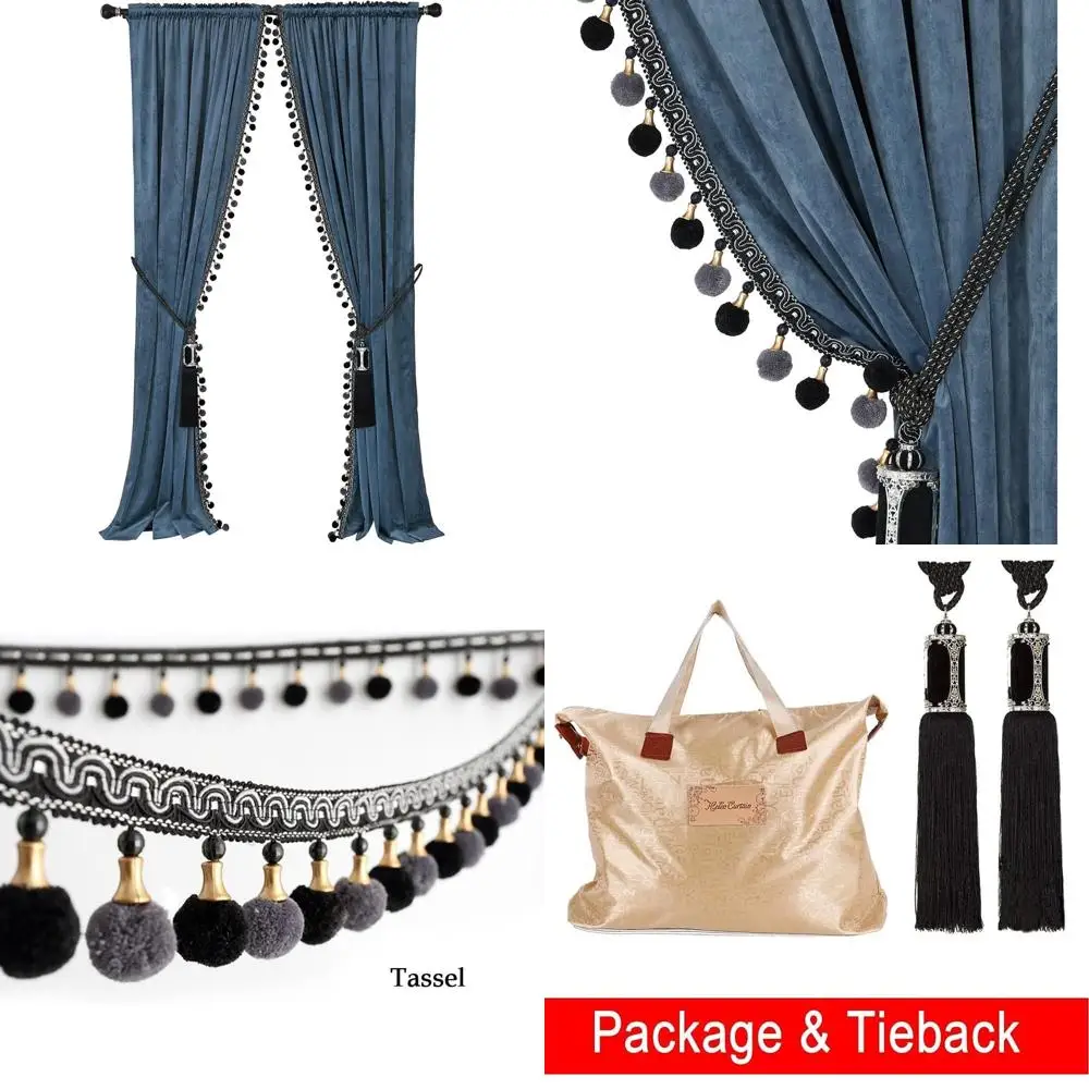 

Elegant Grey-Blue Velvet Blackout Curtains with Tassels for Living Room and Bedroom (50W×84L) Set of 2 Panels