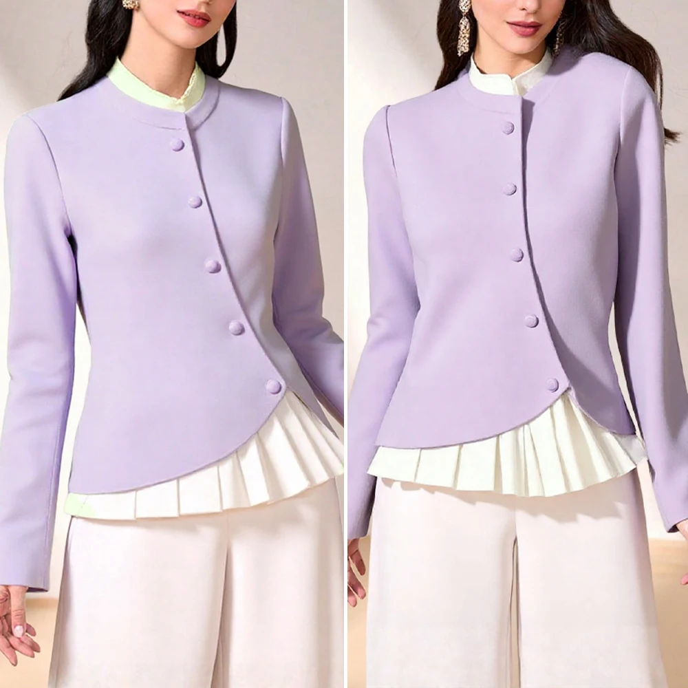 

Осенние топы, женские шикарные однобортные фиолетовые пуловеры контрастного цвета 2025 года, женская одежда с длинными рукавами и воланами на подоле