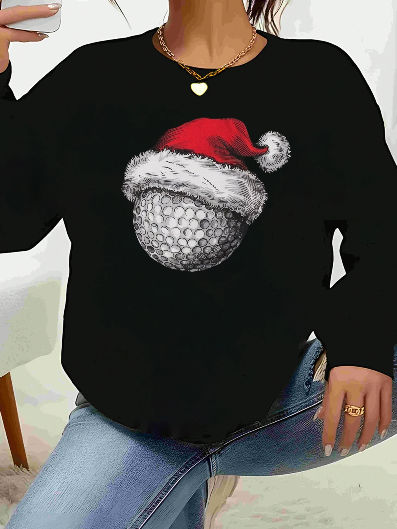 

Мяч для гольфа, шляпа Санта-Клауса с принтом, рождественский свитер с длинными рукавами, повседневная одежда для женщин