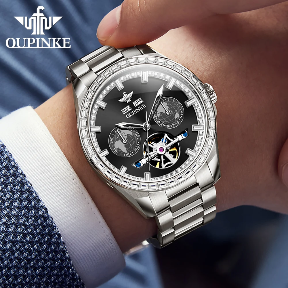 OUPINKE 3280 Fully Automatic Mechanical Watch for Men Luxury Brand Original Diamond Bezel Man Watch Skeleton Flywheel Wristwatch