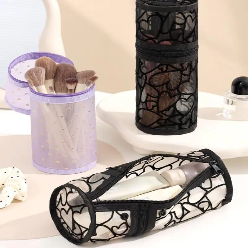 Large Capacity Makeup Brush Organizer Pouch Mesh Round Cosmetic Storage Bag Pouch Travel Cosmetics Case For Brushes & Tools