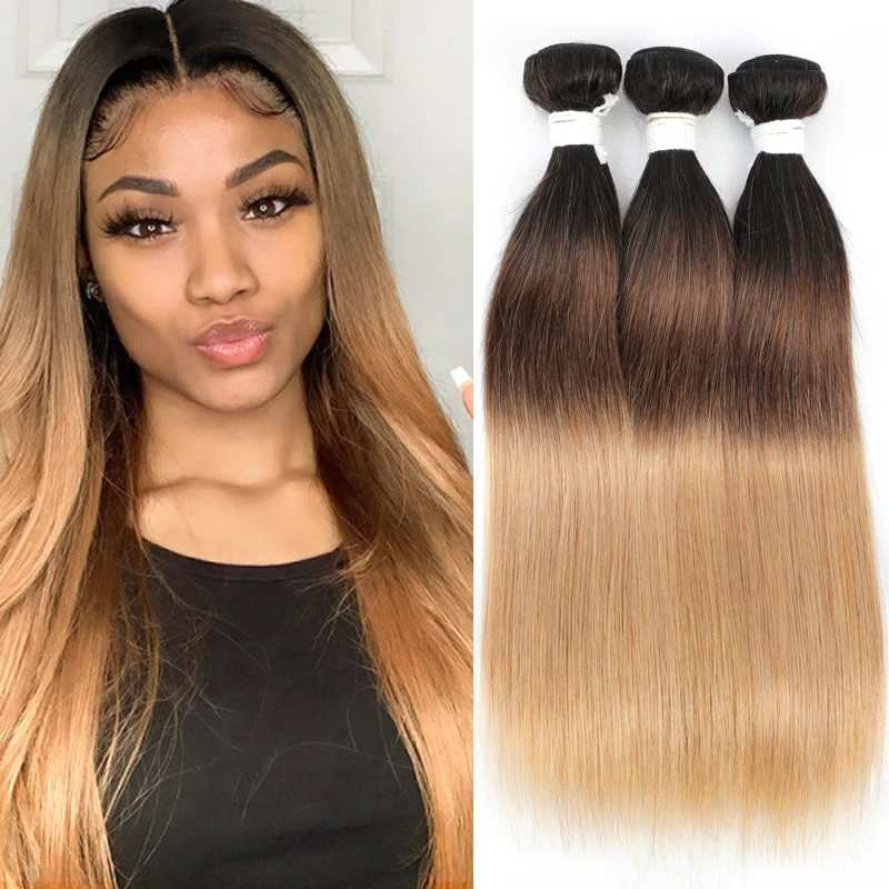 Straight Human Hair Bundles 3 Tone 1B/4/27 Ombre Blonde Colored Human Hair Weave Bundle Brazilian Remy Hair 3/4 Bundle Deals