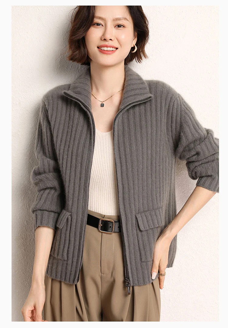 Ingenious craftsmanship! Heavy three-strand pit pure cashmere cardigan women\'s stand-up collar zipper knitted sweater loose coat