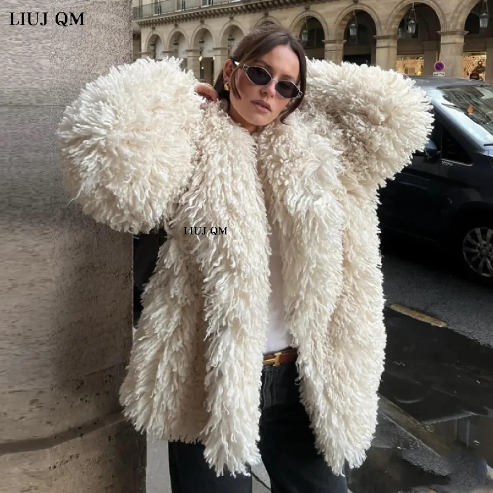 Autumn Winter Women Faux Fur Coat 2024 Fashion Lapel Warm Thicke Loose Casual Lamb Wool Outerwear Curly Hairy Fur Jacket Female