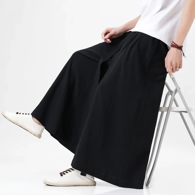Summer Men Cotton Wide Leg Pants Men Casual Solid Color Joggers Trousers Men Oversize Streetwear Vintage Pants Men Bell Bottoms