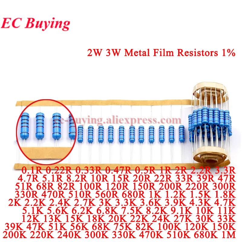 10Pcs-20Pcs 2W 3W Metal Film Resistor 1% 1R ~ 1M 2.2R 4.7R 10R 22R 47R 100R 220R 470R 1K 10K 100K 2.2 4.7 10 47 100 220 470 ohm