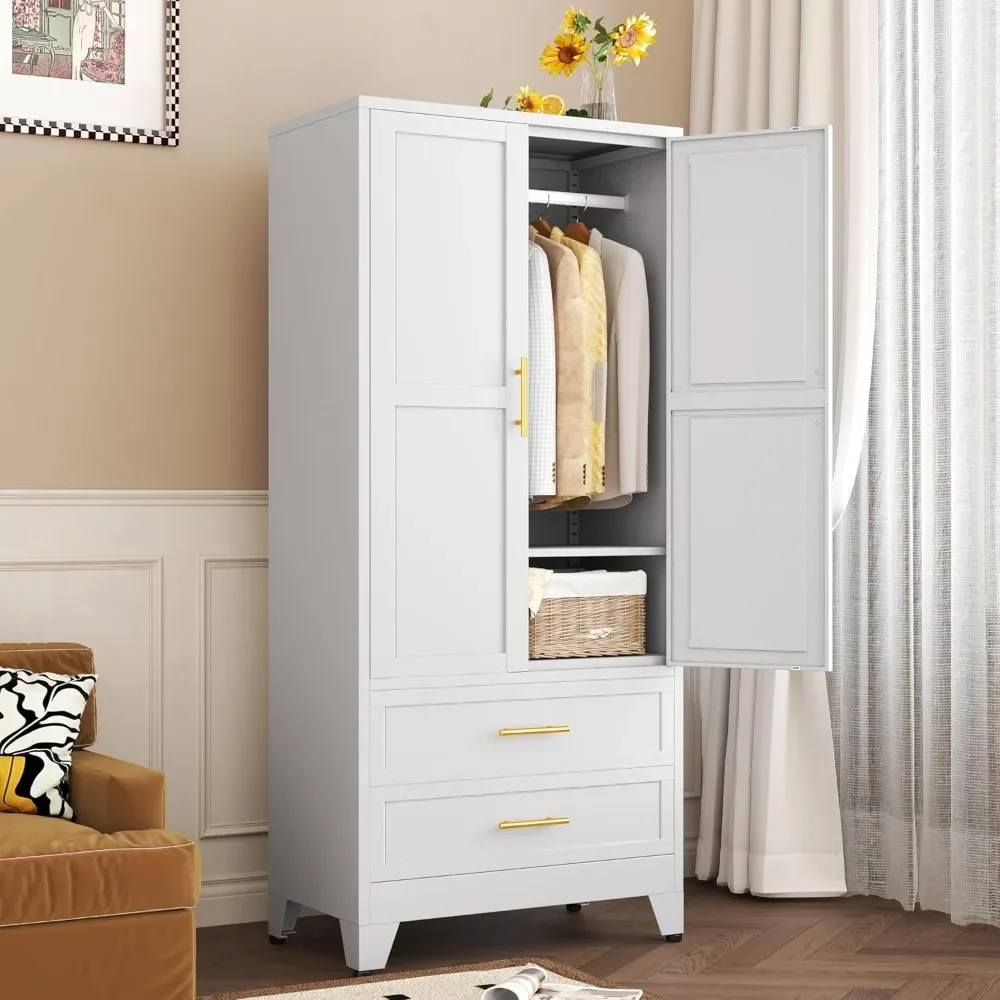 

Metal Wardrobe Closet with 2 Doors & 2 Drawers, 71" Tall Armoire Wardrobe Closet with Hanging Rods and Adjustable Shelf