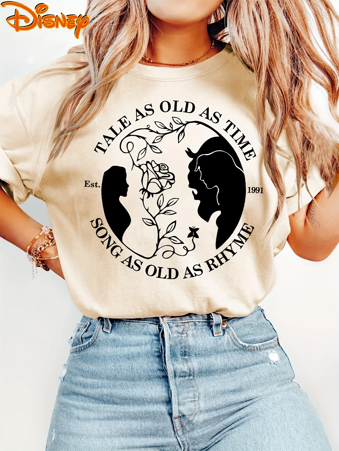 Camiseta de La Bella y La Bestia de Disney para mujer, Camiseta de algodón para hombre, cuello redondo, informal, de gran tamaño, ropa de calle de manga corta, Top Vintage