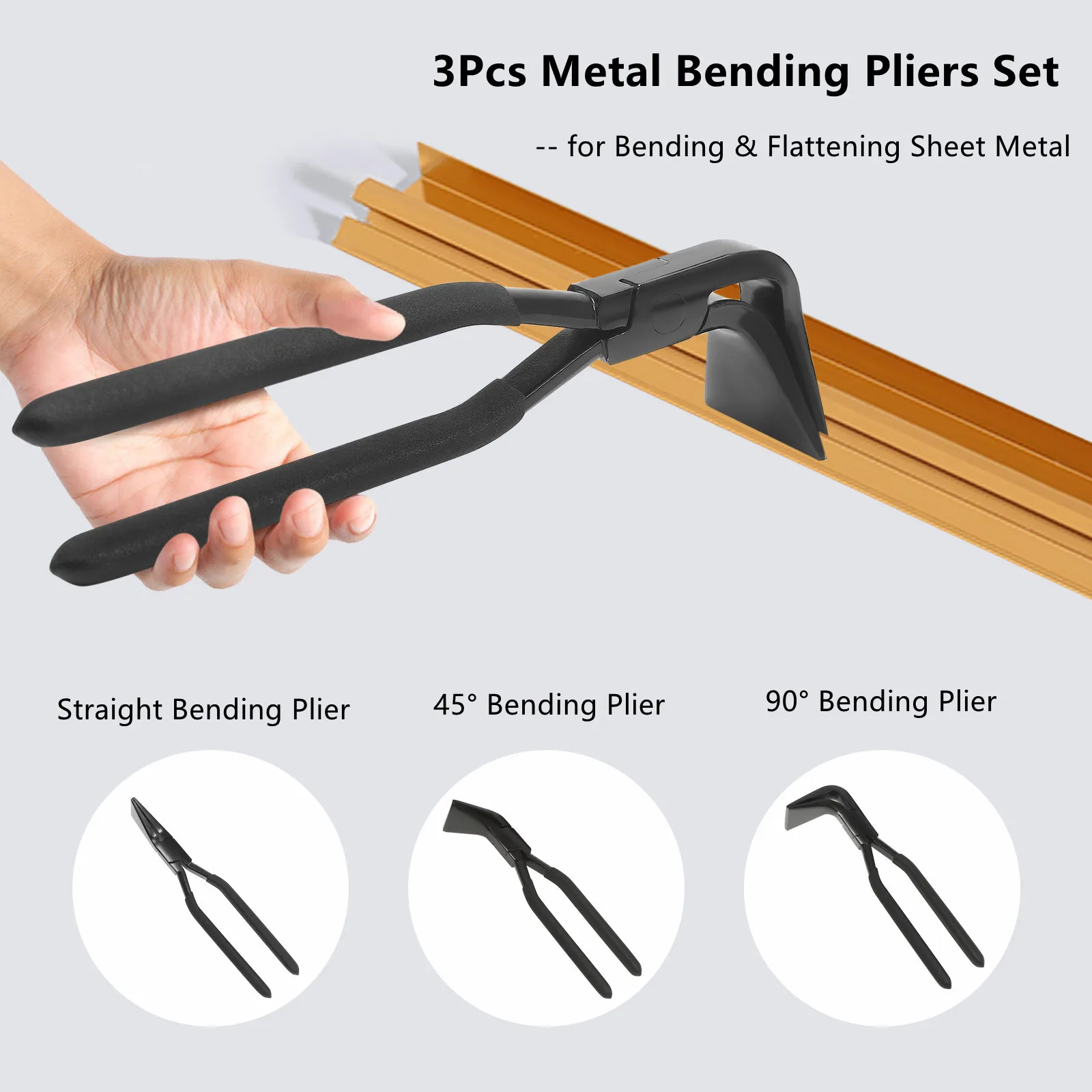 

3Pcs Metal Bending Pliers Set, Straight & 45° & 90° Hand Seamers Sheet Metal Tools for Bending & Flattening Sheet Metal