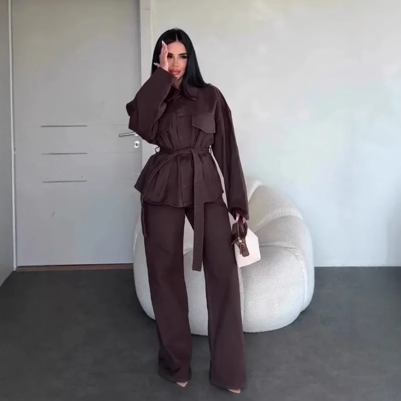 European American Muslim New Fashion Women's Solid Color Loose Simple Basic Casual Trendy 2 Piece Sets Shirt Top Trousers Female