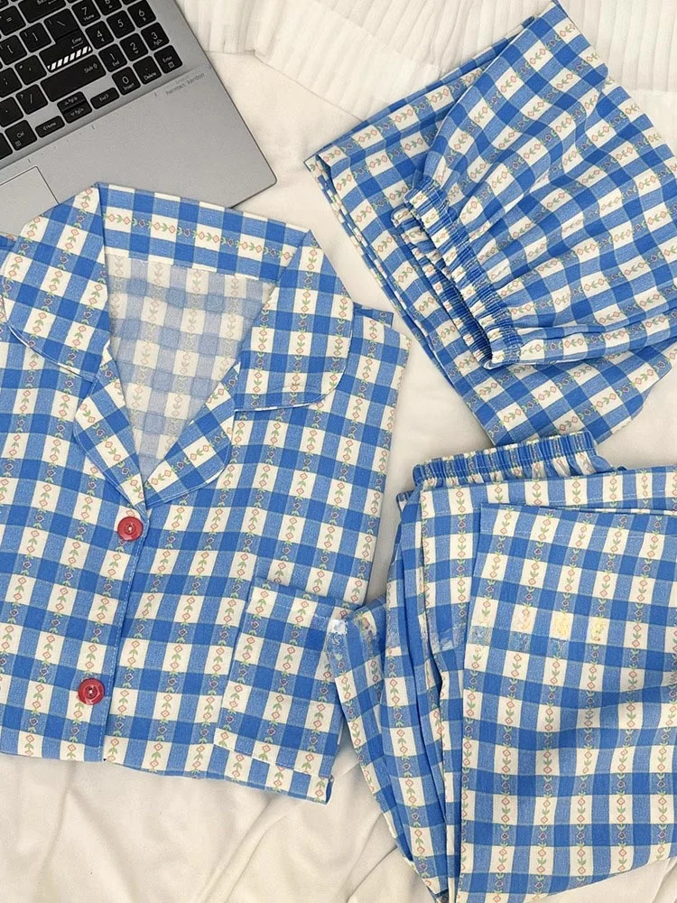 

Retro Floral Spwear Set Women Summer Sweet Plaid ort Sve Thin Cloud Cotton Tee-piece Home Clothes plus Size