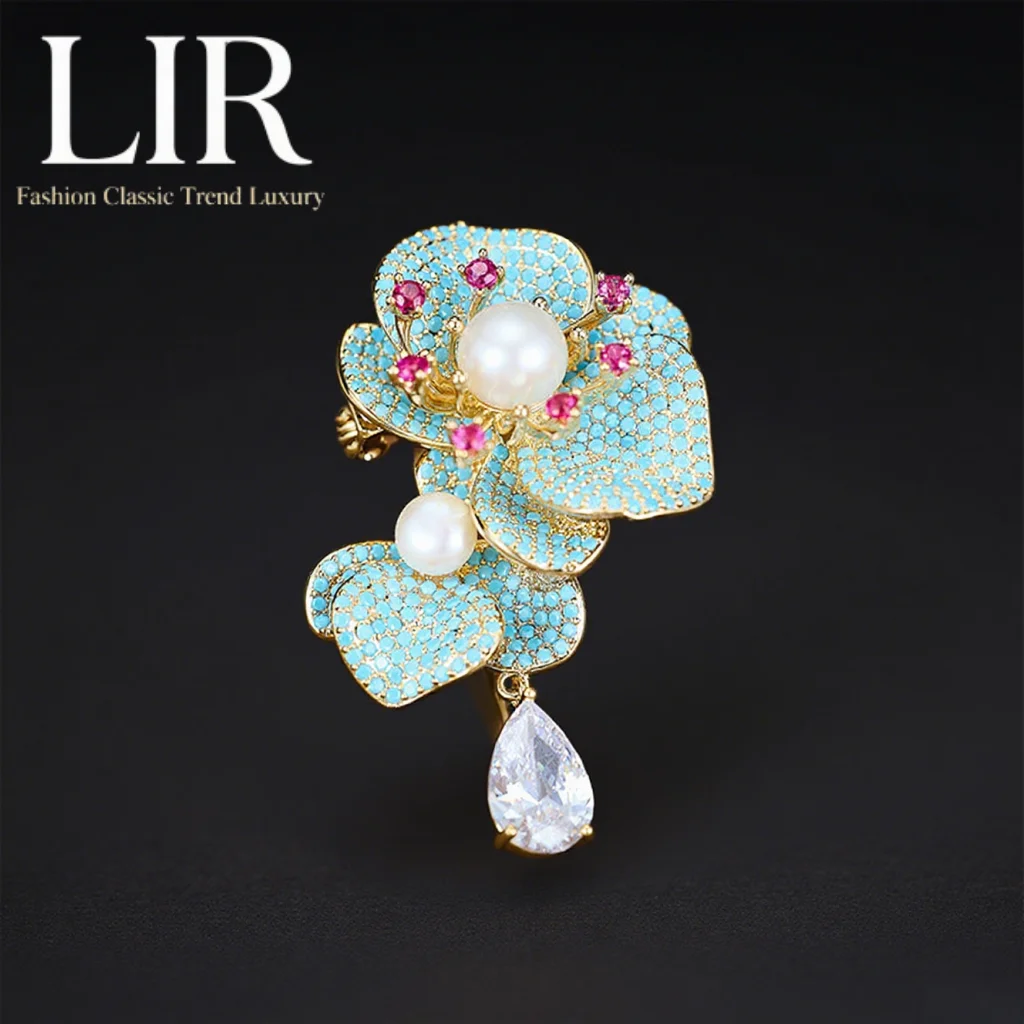 

Женская брошь LIR: тяжелая ремесленная бирюза, пресноводный жемчуг, 3D-цветок, не выцветает/деформируется, роскошные ювелирные изделия с защитой от воздействия