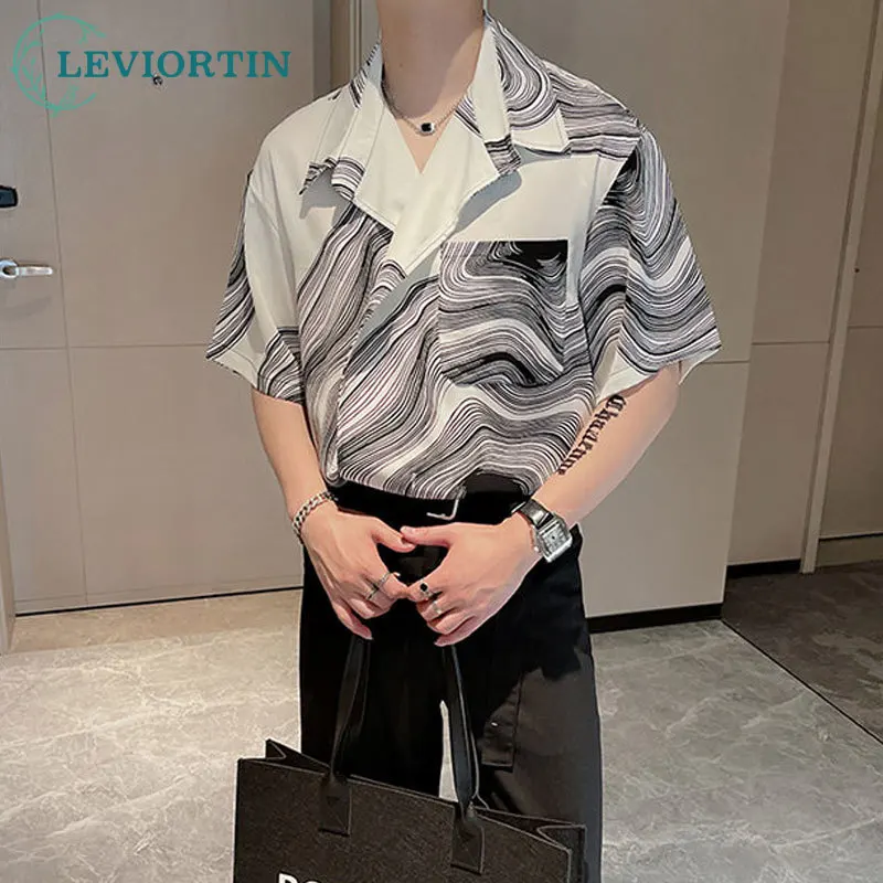 Summer Men's Short Sleeve Shirt Fashion Print Social Dress Shirt Hip Hop Korean Loose Casual Ice Silk Mens Shirt Streetwear