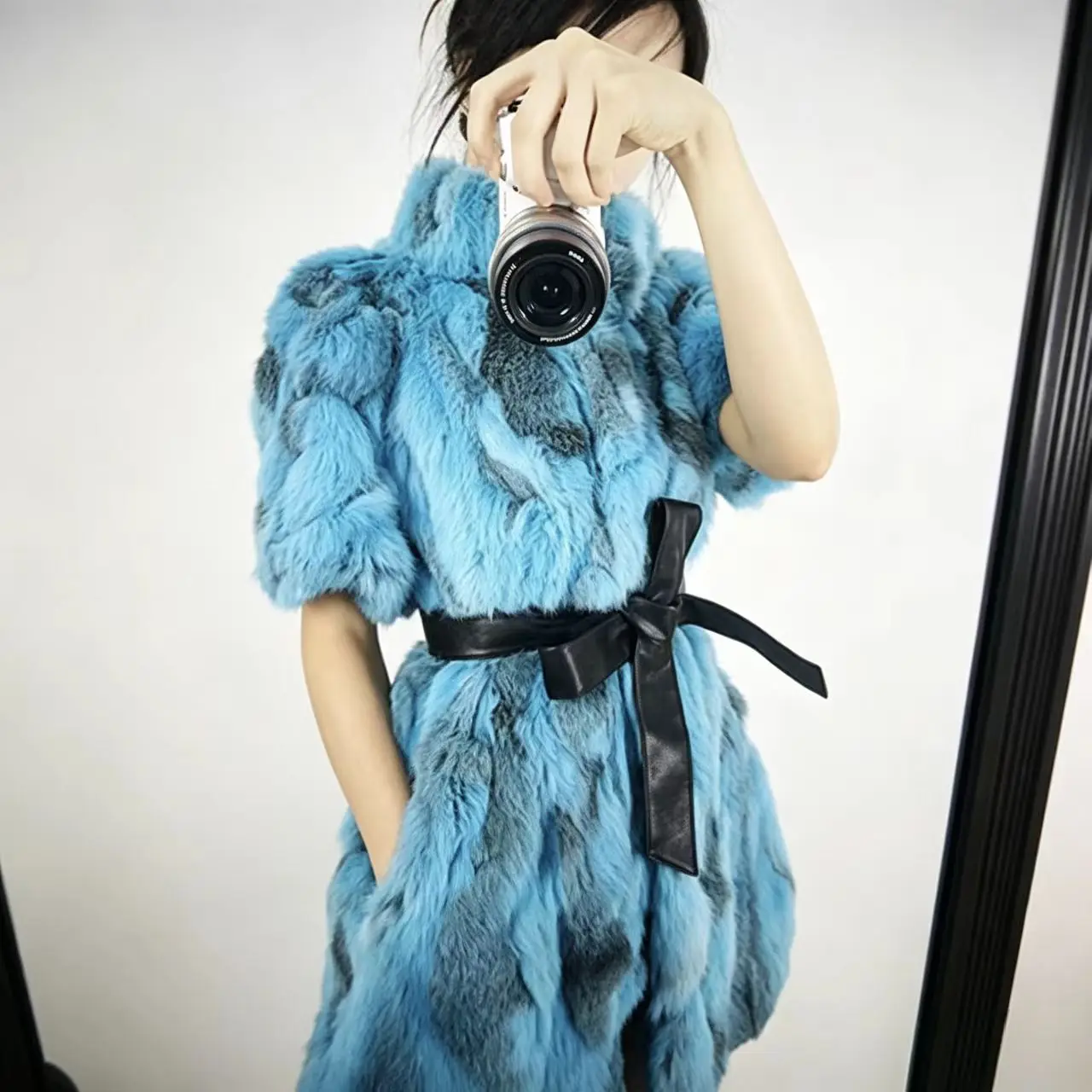 New women's real rabbit fur mid length jacket with stand up collar and half sleeves, luxurious and warm winter fur jacket