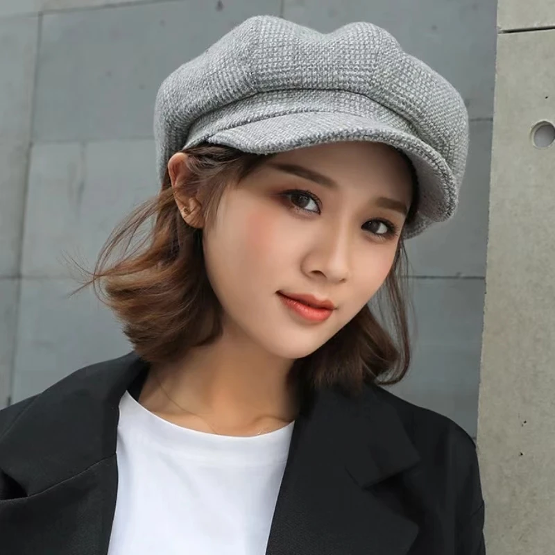 HT1991 Women Men Wool Felt Berets High Quality Autumn Winter Hat Thick Warm Unisex Octagonal Cap Retro Plaid Beret Cap