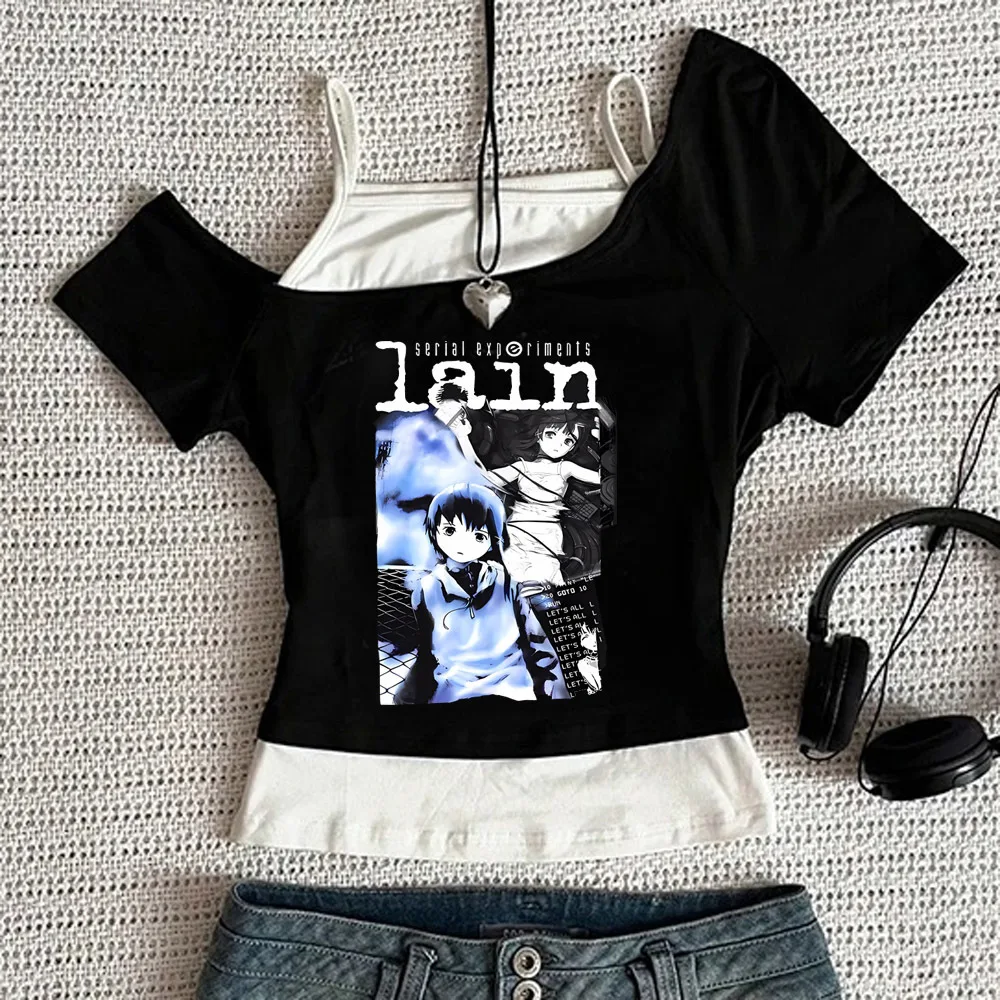 Serial Experiments Lain crop top girl 2000s vintage japan emo t shirt meme graphic japanese gyaru korean fashion