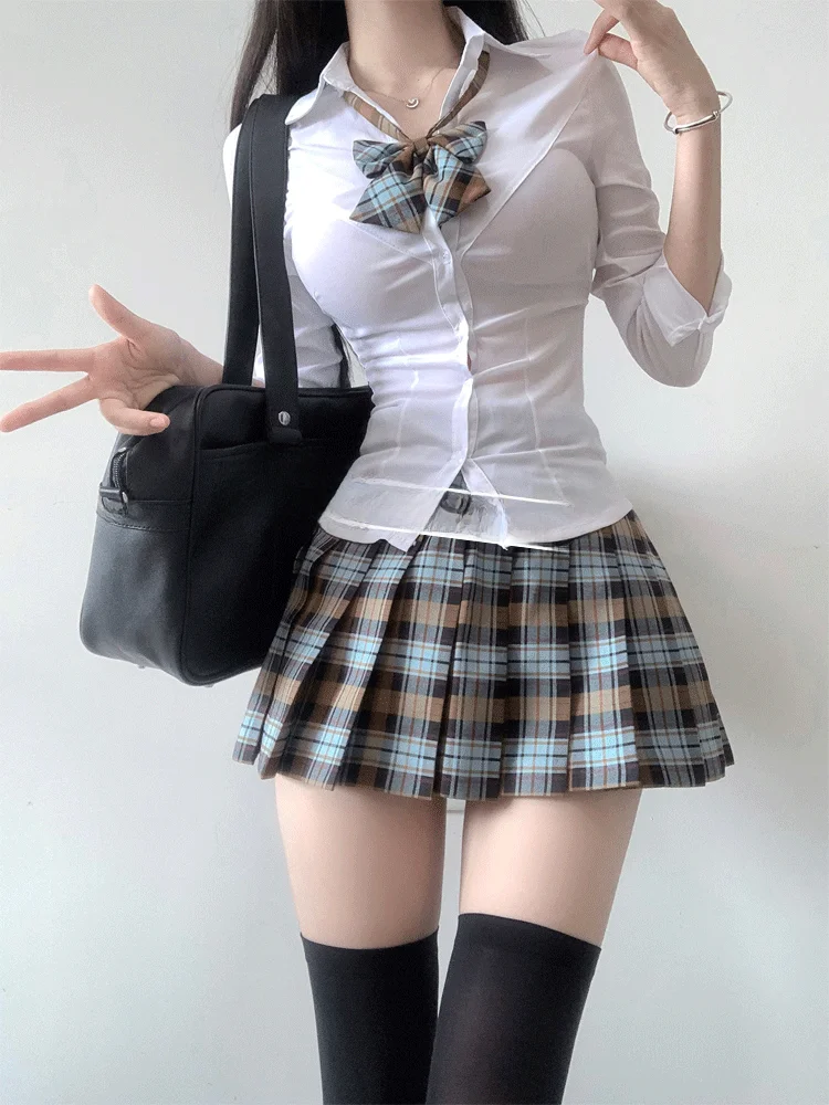 

Оригинальный комплект JK: женская летняя школьная юбка с завышенной талией и длинными рукавами, плиссированная, подчеркивающая фигуру, из полиэстера