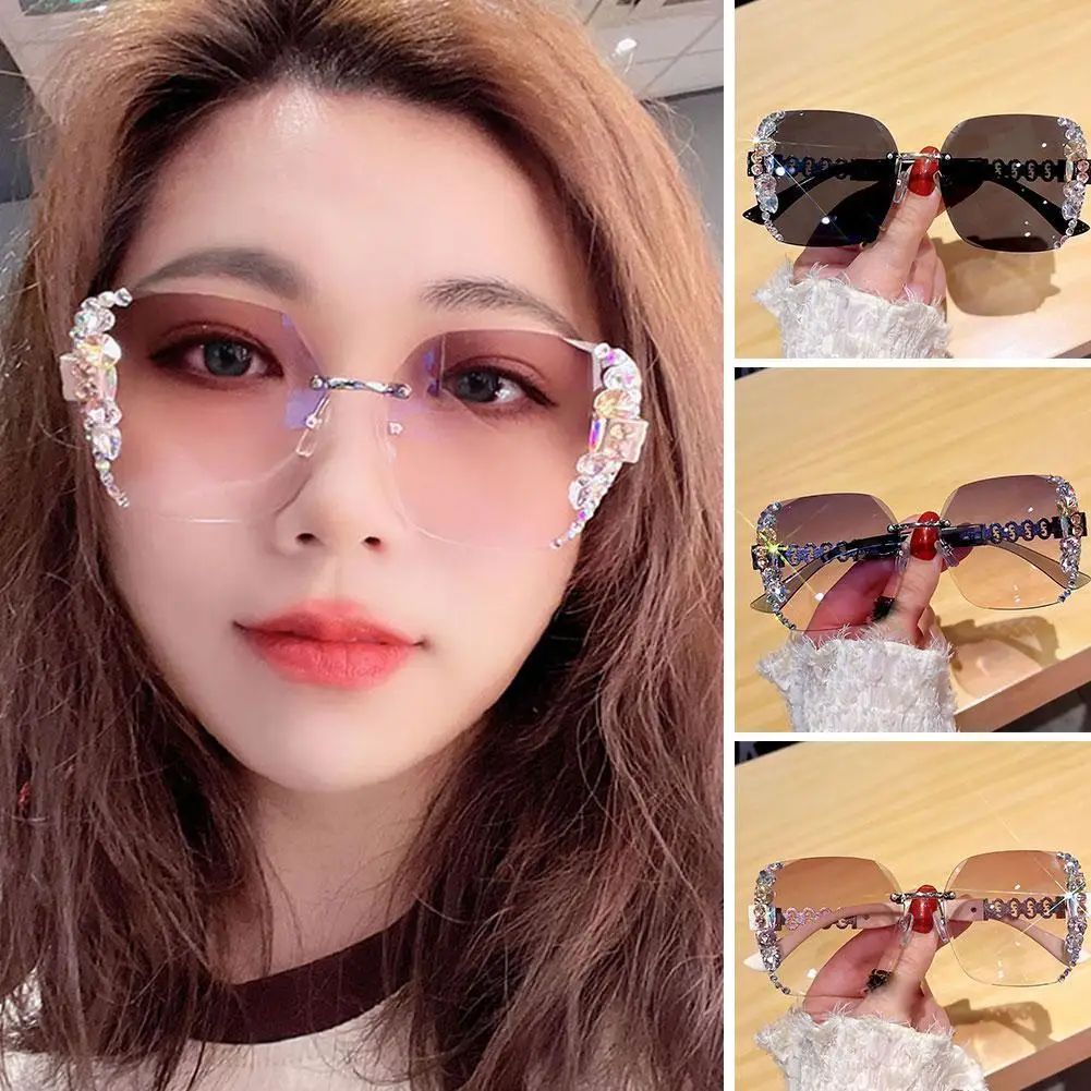 Large Frame Cutout Square Sunglasses Women Glitter Starry Sky High-End Casual Versatile Ladies UV Protection Sun Glasses