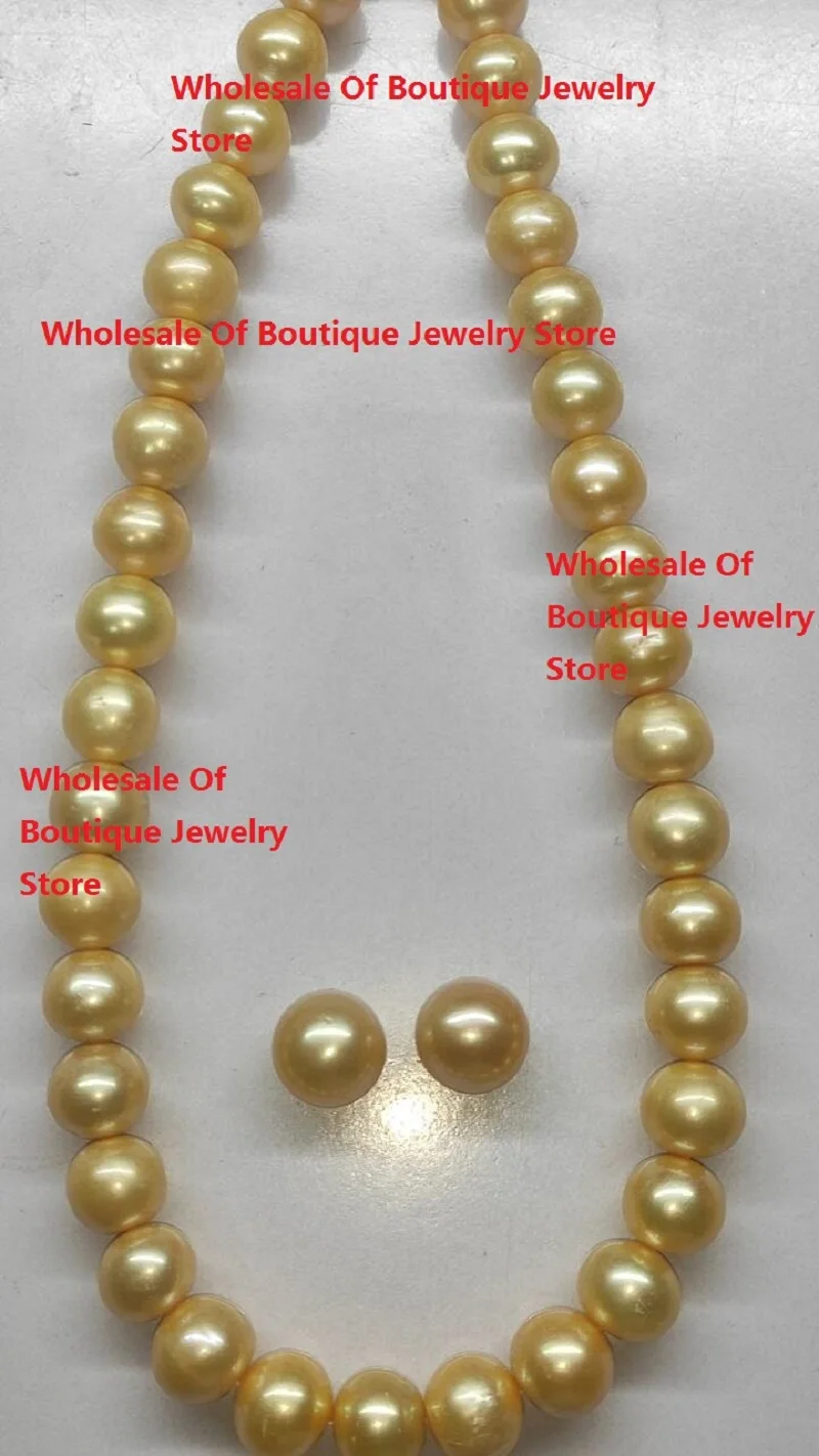 

new Natural AAA++ South Sea 11-12mm south sea gold round Pearl Necklace earring set 18inch