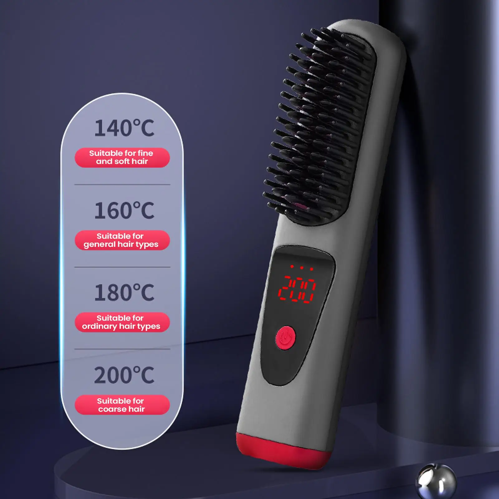 Hair Straightener Brush 4 Levels Ceramic Rechargeable Portable Cordless Comb with LED Display Hair Straightening Brush