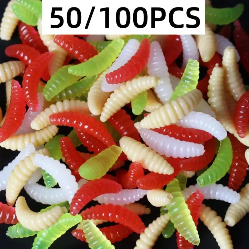 100pcs/lot Silicone Bait Maggot Grub Soft Fishing Lure 2cm 0.3g Artificial Bread Smell Worms Gear For Winter Glow Accessories