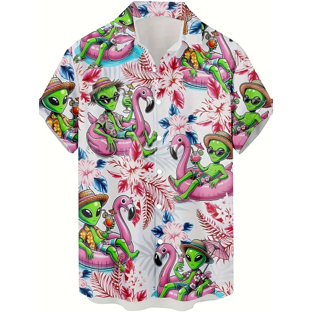 

Men's Tropical Alien Swim Print Hawaiian Shirt - Short Sleeve, Button-Up, Lightweight Polyester Blend, Fun Summer Casual Wear