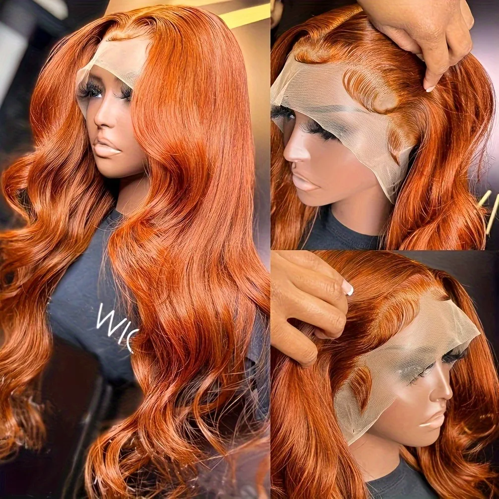 

Ginger Orange Blonde Human Hair Lace Front Wig - 13x5 HD Transparent Lace Frontal, 180% Density Body Wave Glueless Wig with Pre-