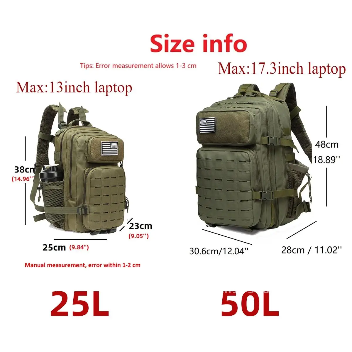 25L/50L Tactical Backpack Bag Hunting MOLLE Backpack GYM For Men EDC Outdoor Hiking Rucksack Witch 2 Bottle Holders