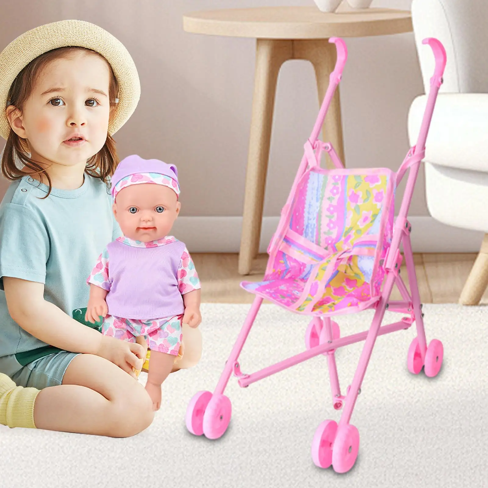 Carrinho de boneca de bebê, brinquedos de simulação para crianças, interativo, seguro para crianças, brinquedo para quarto, reunião de família