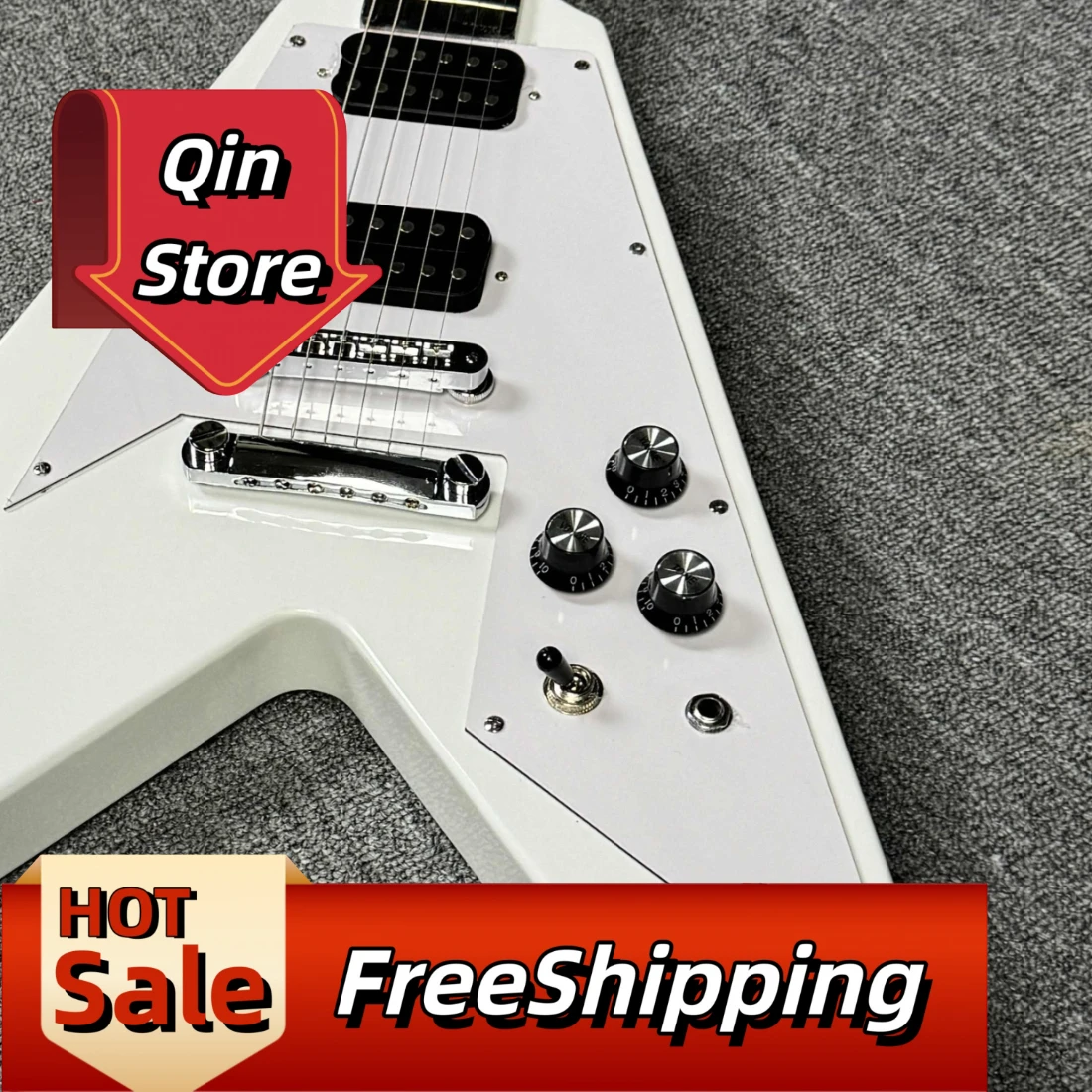 White V Shape 6 String Style HH Pickups Electric Guitar White Pickguard Professional Performance Rosewood Fingerborad