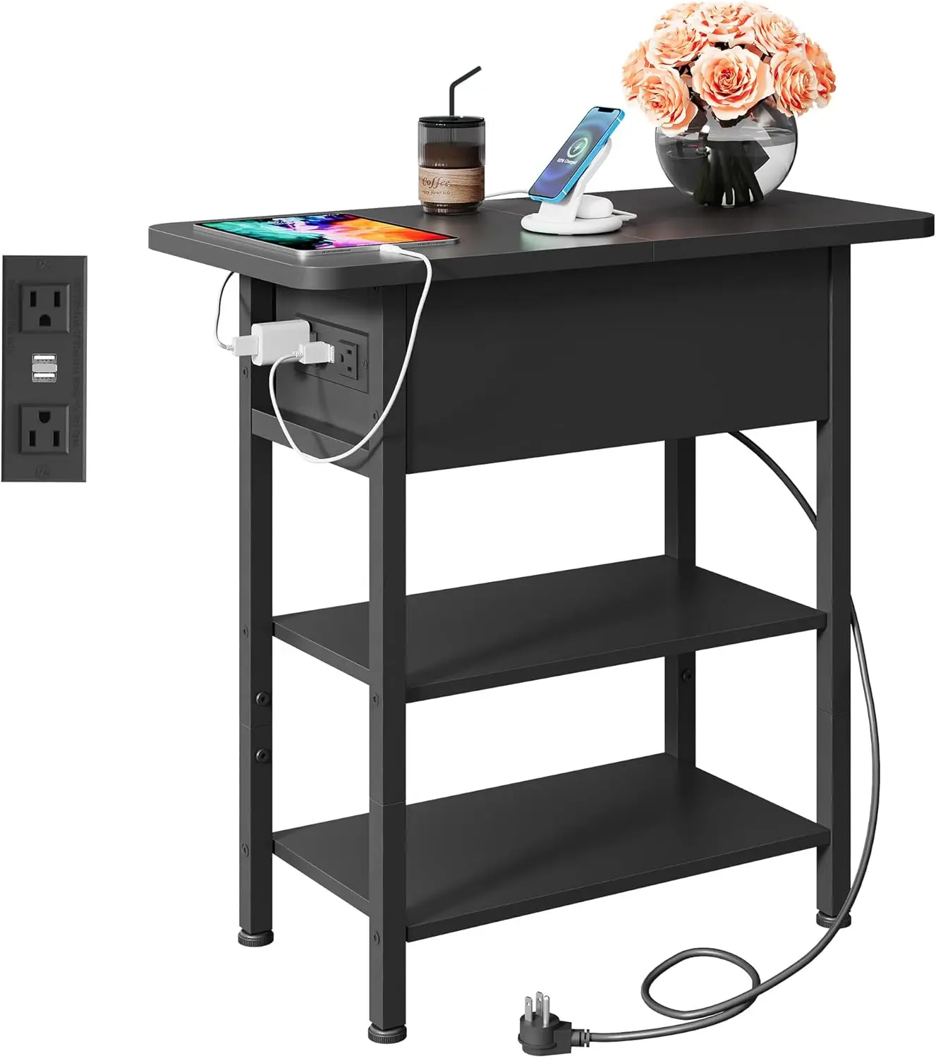 

End Table with Charging Station, Flip Top Narrow Side Table with Storage Shelf, Small Nightstand with USB Ports and Outlets,B