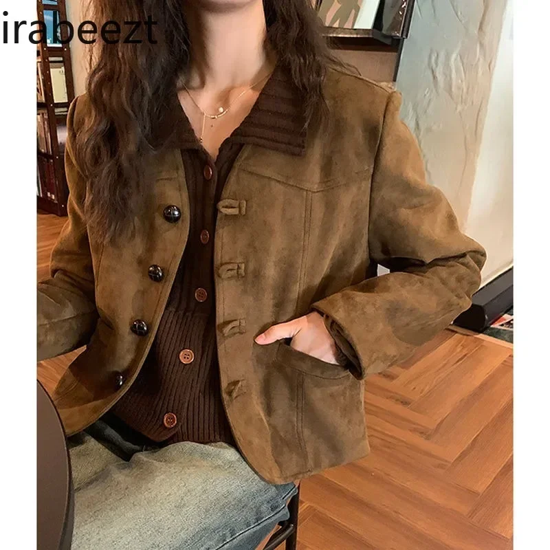 Cappotti da donna Maillard caramello scollo a v monopetto Casual Versatile a maniche lunghe giacche in tessuto scamosciato Vintage abbigliamento da