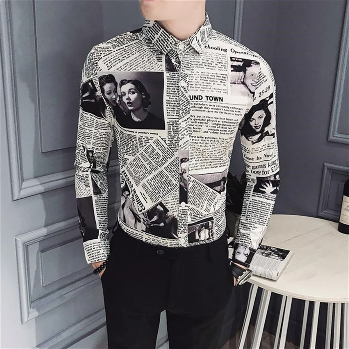 Cool Hip Hop Shirts Men Fashion Loose Newspaper Shirt Streetwear Long Sleeve Casual Summer Shirts Funny Ulzzang High Street Tops